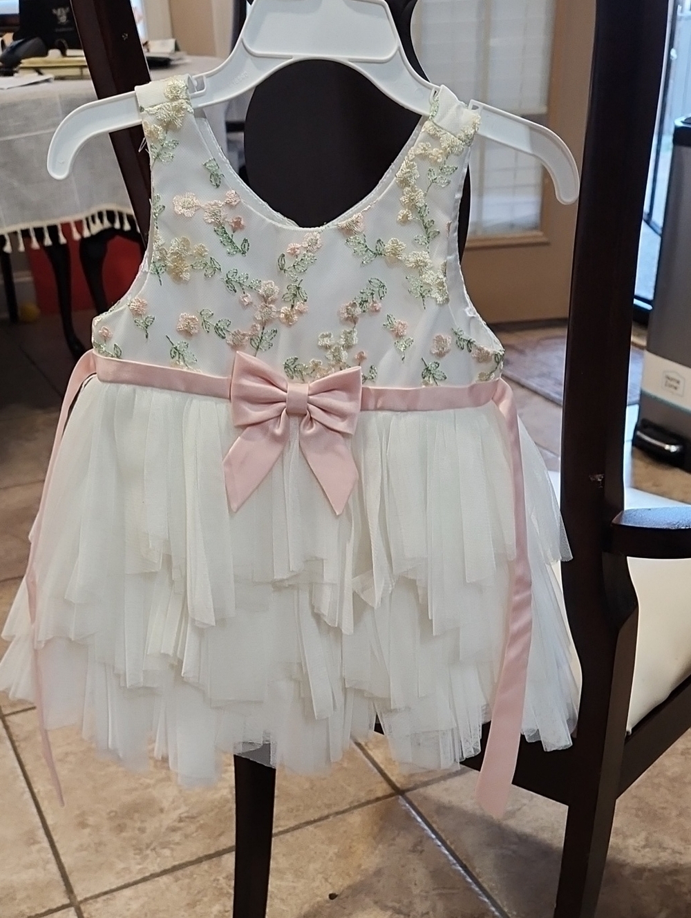American Princess White and Blush Floral Tulle Bow Dress